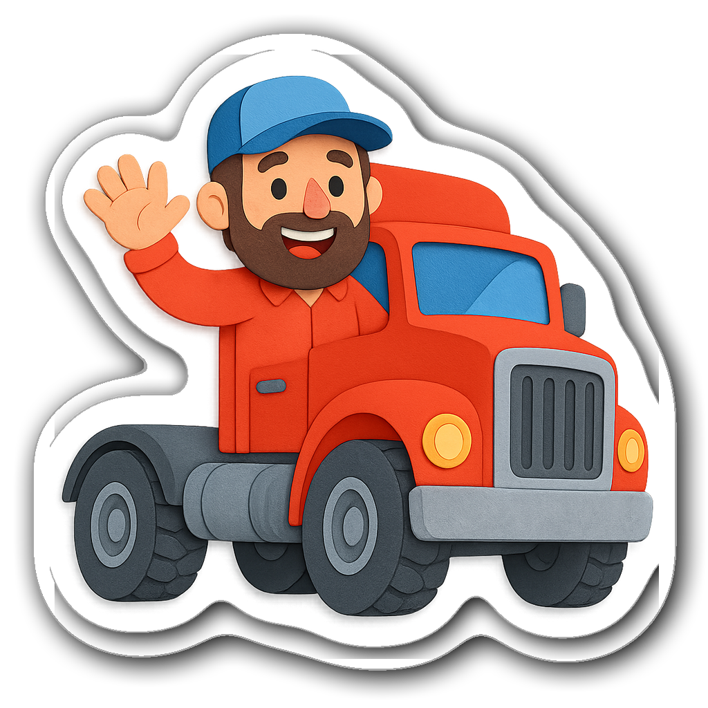 Cheerful trucker character with a red semi-truck against transparency