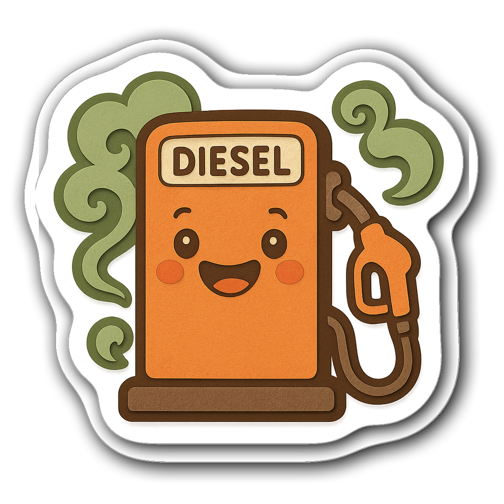 Adorable diesel fuel pump sticker with green fuel smoke