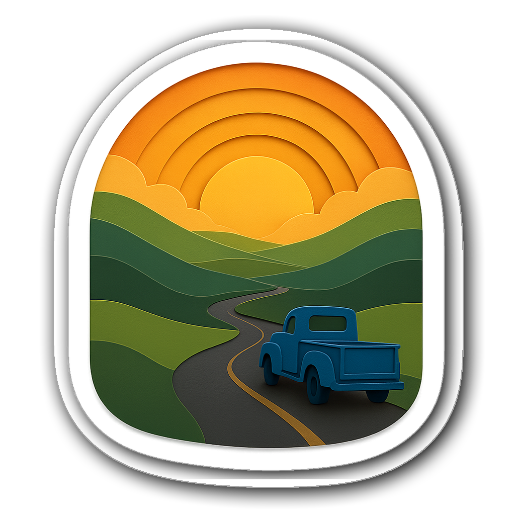 Layered sticker of a blue truck on an open road at sunset