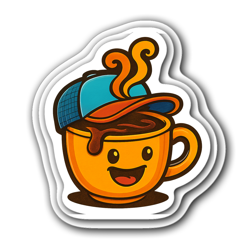 A vibrant vinyl sticker of a coffee cup with a trucker's cap overflowing with coffee.