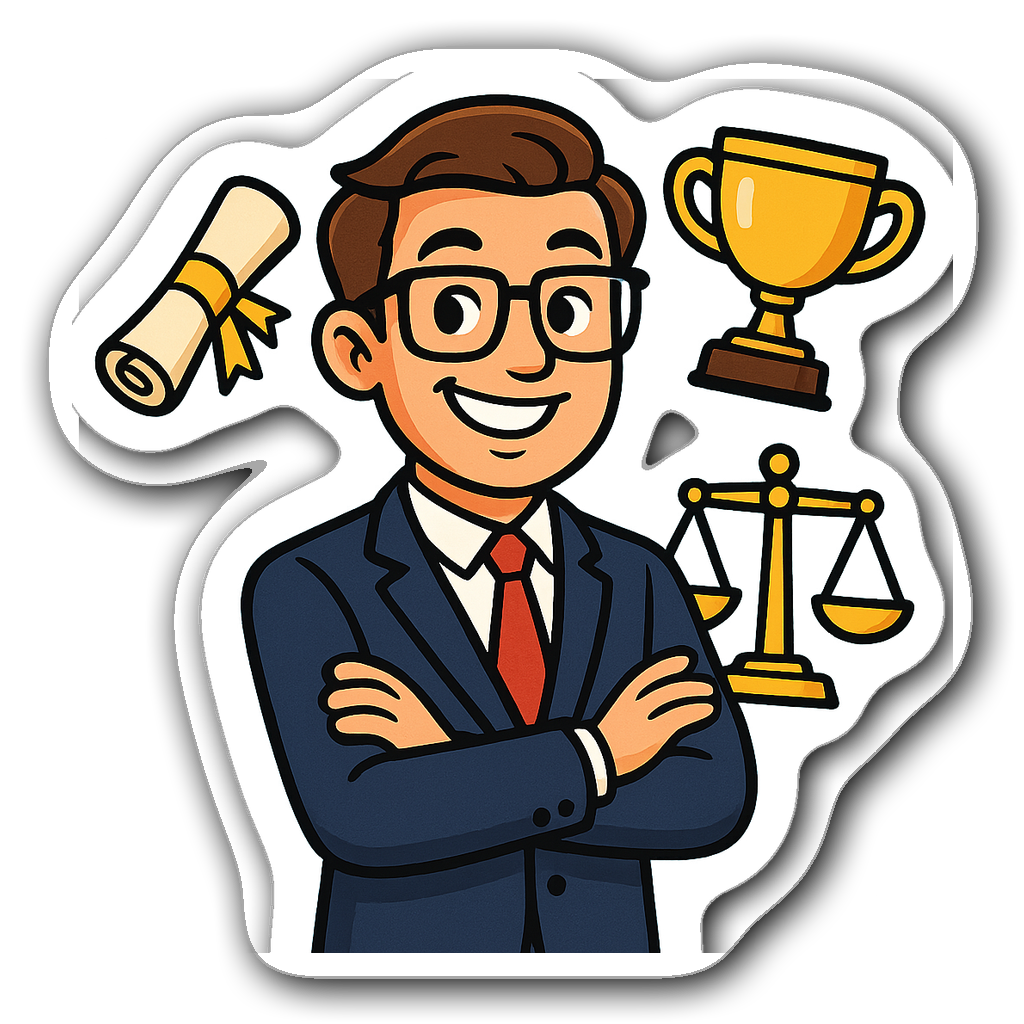 Cartoon-style lawyer sticker with diploma and trophy