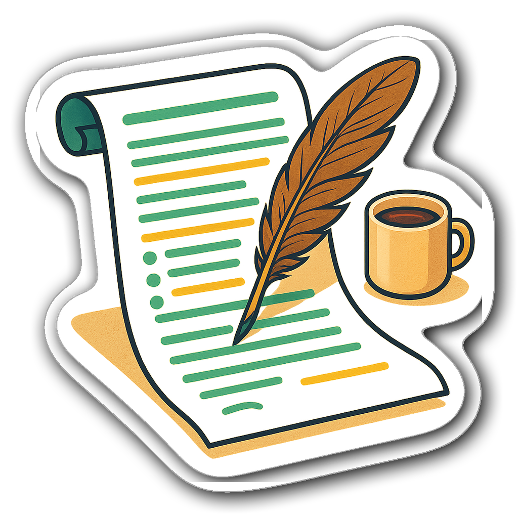 Vibrant lawyer sticker featuring a legal document and quill pen