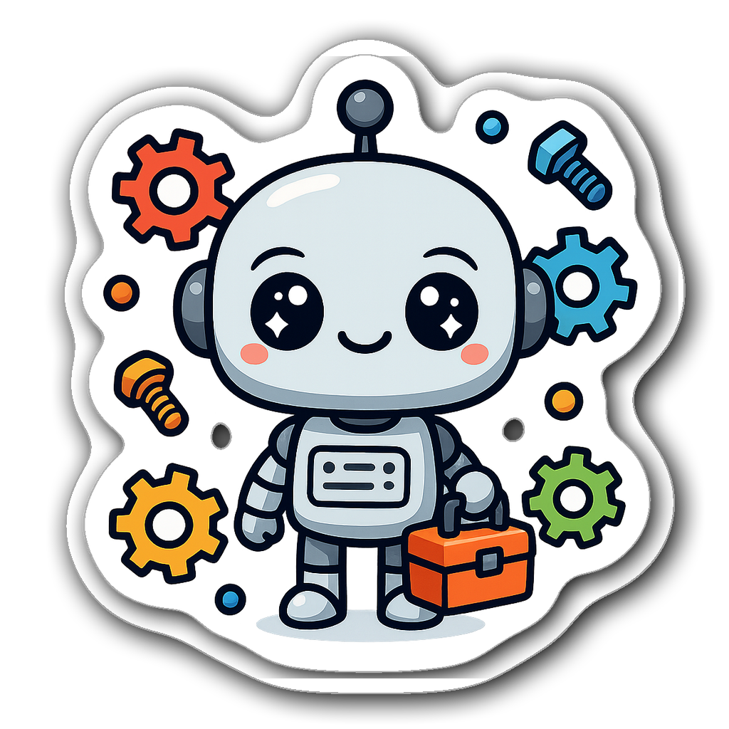 Kawaii chibi robot sticker with toolbox and cogs