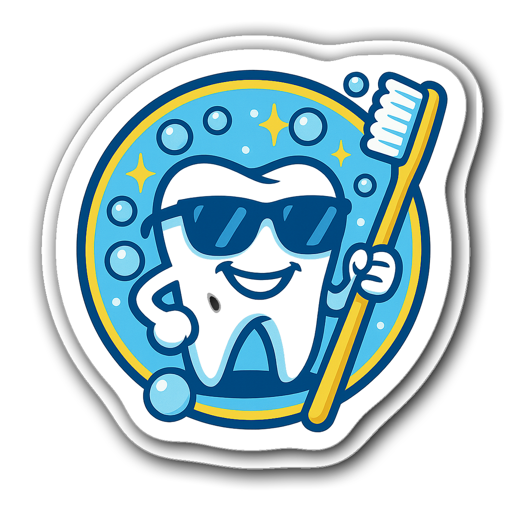 Cartoon tooth wearing sunglasses, holding a toothbrush with bubbles.