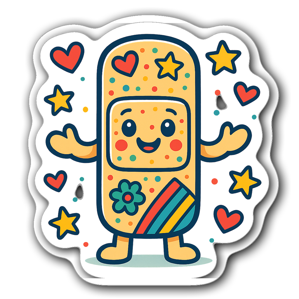 A cheerful cartoon-style band-aid character with hearts and stars