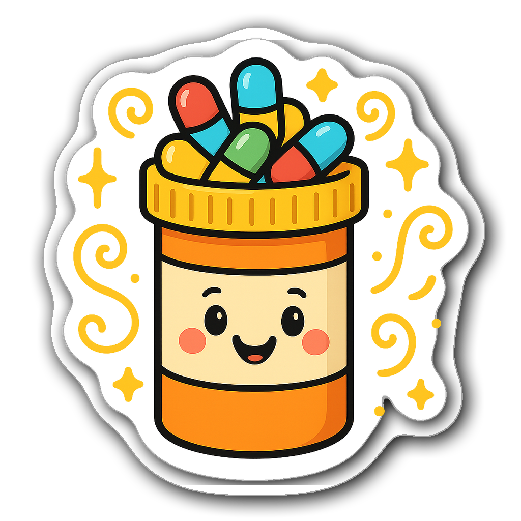 Cheerful cartoon pill bottle sticker with colorful capsules