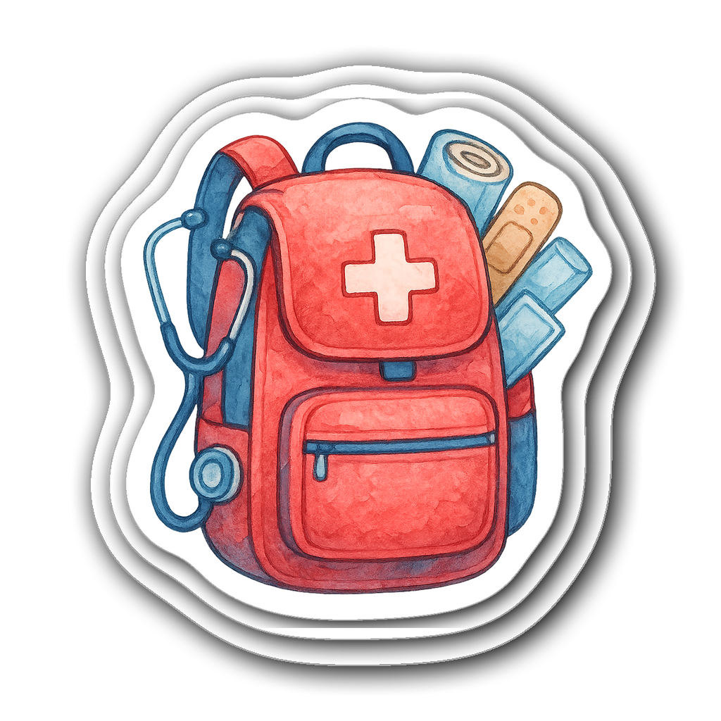Watercolor illustration of a paramedic backpack with supplies