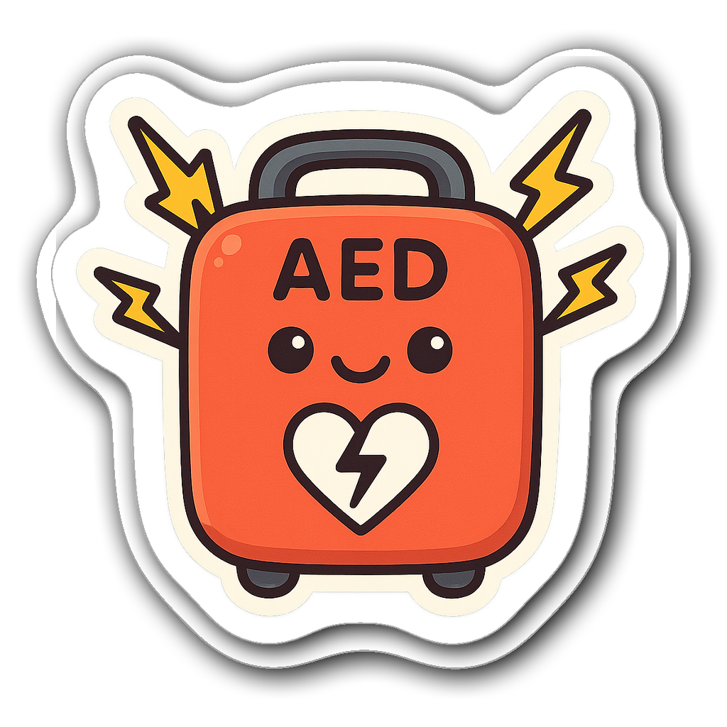 Cute cartoonish AED with a smiling face and lightning bolts
