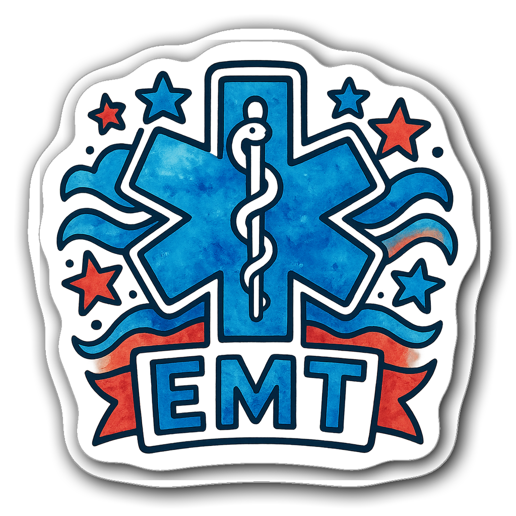 Whimsical EMT badge sticker with watercolor stars and waves