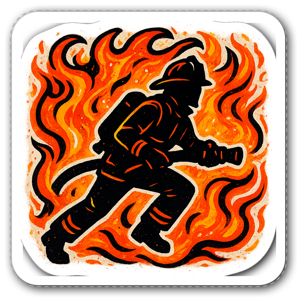Vibrant firefighter silhouette with flames in graffiti style.