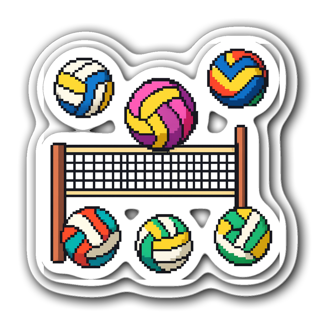Pixel art volleyball sticker with vibrant colors and thick outline