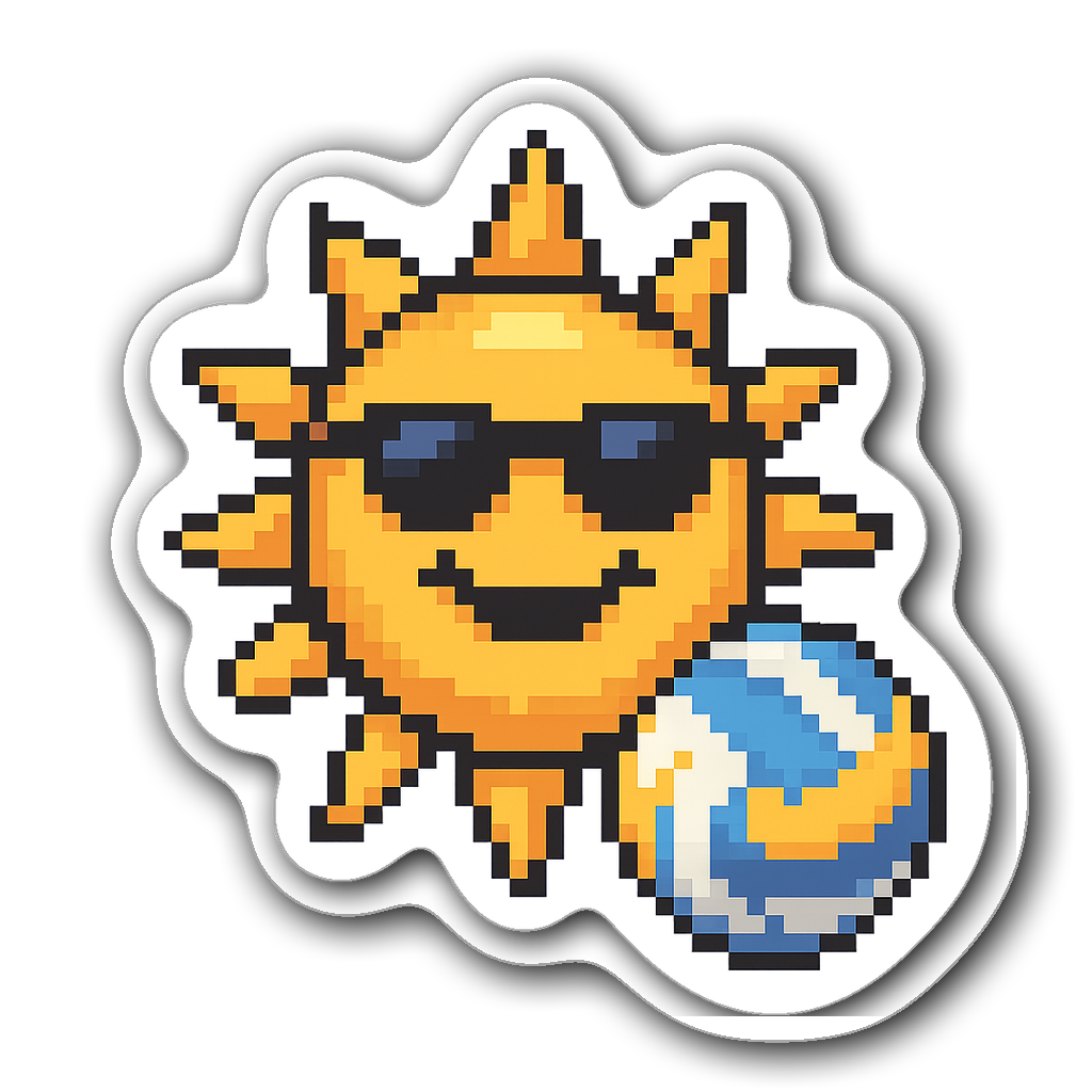 Pixel art sun with sunglasses and beach volleyball sticker