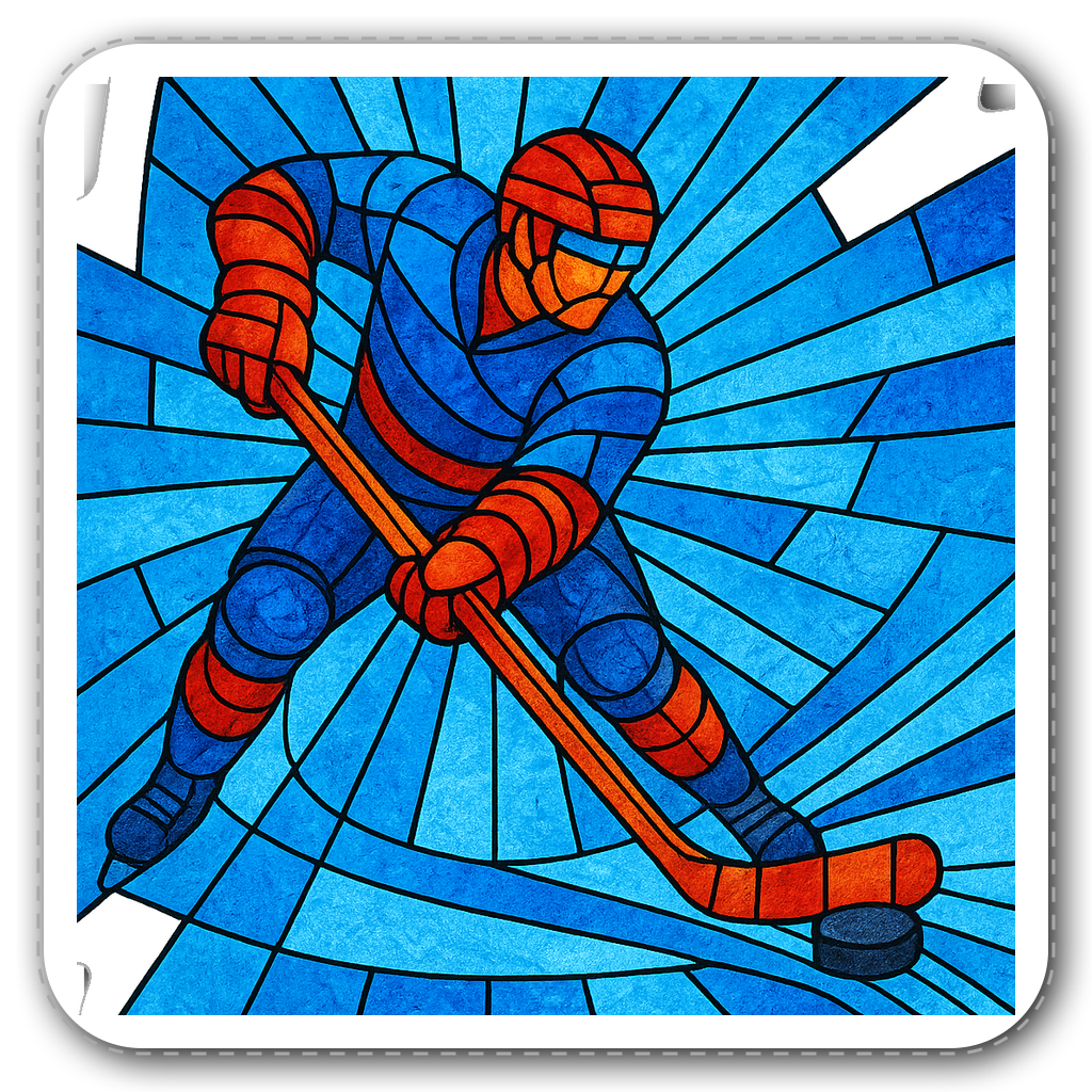 Stained glass sticker of a hockey player shooting a puck