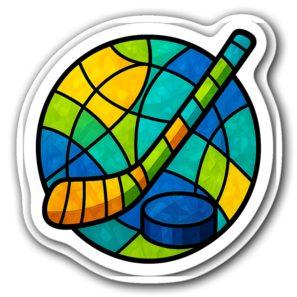 Stained glass design of a hockey stick and puck on transparent background