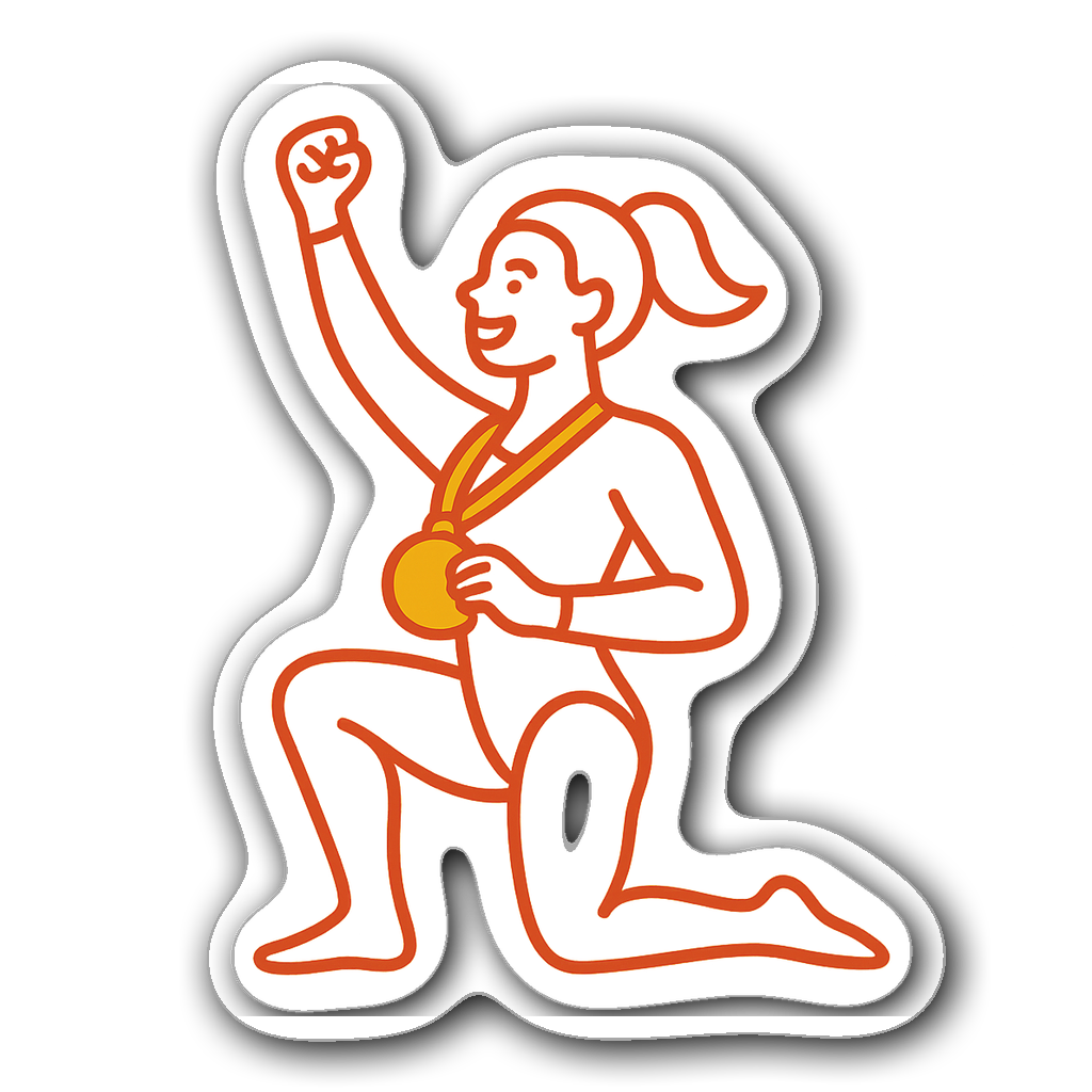 Minimalist gymnast sticker celebrating with a medal in red and gold