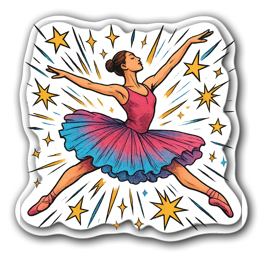 Energetic ballerina in a dramatic leap with stars and sparkles