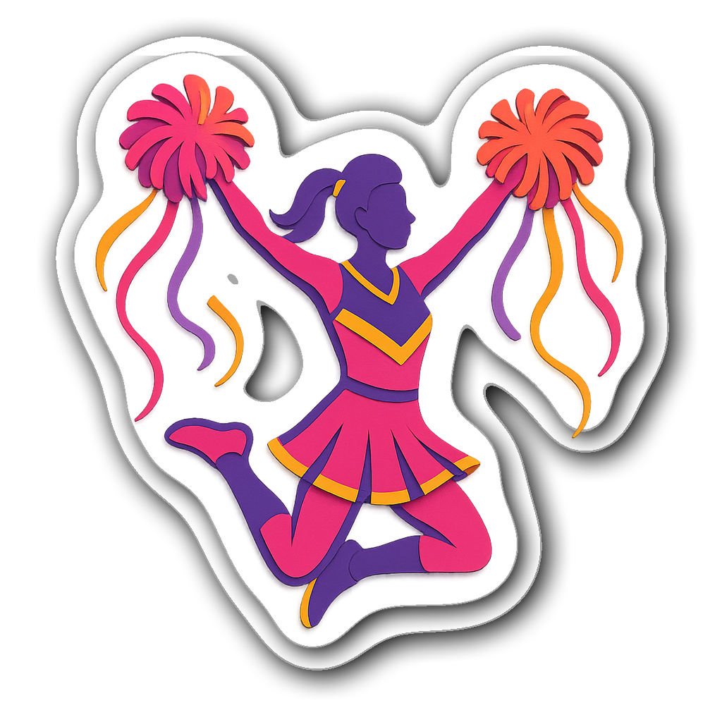 Colorful cheerleader die-cut sticker with pom-poms and ribbons.