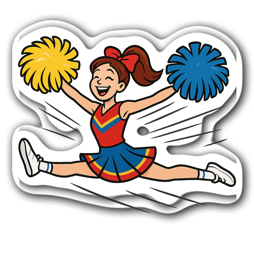Cheerleader performing a split leap with colorful pom-poms