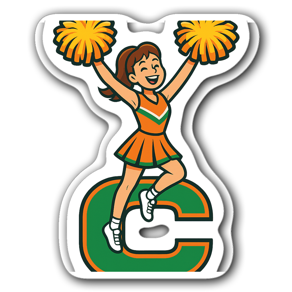 Cheerleader holding pom-poms on a colorful letter C
