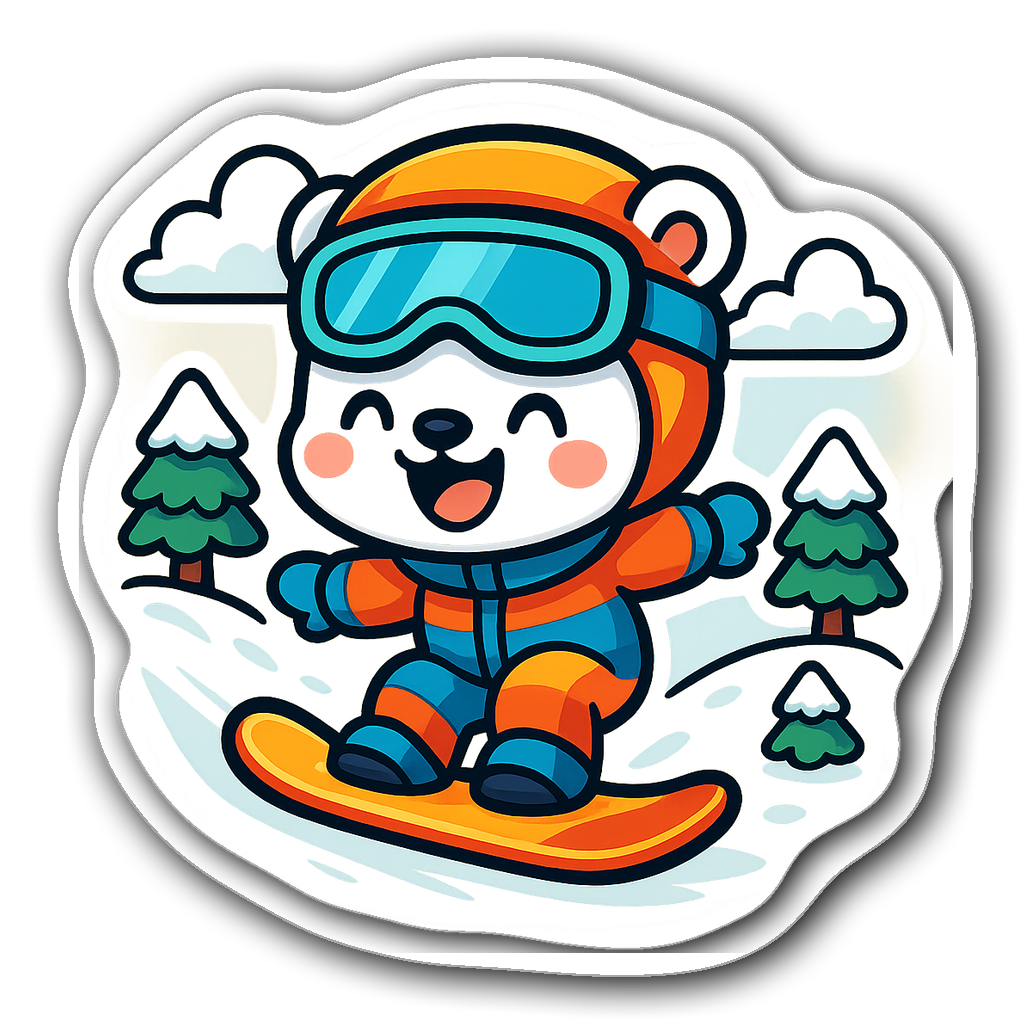 Chibi polar bear snowboarding with trees and clouds
