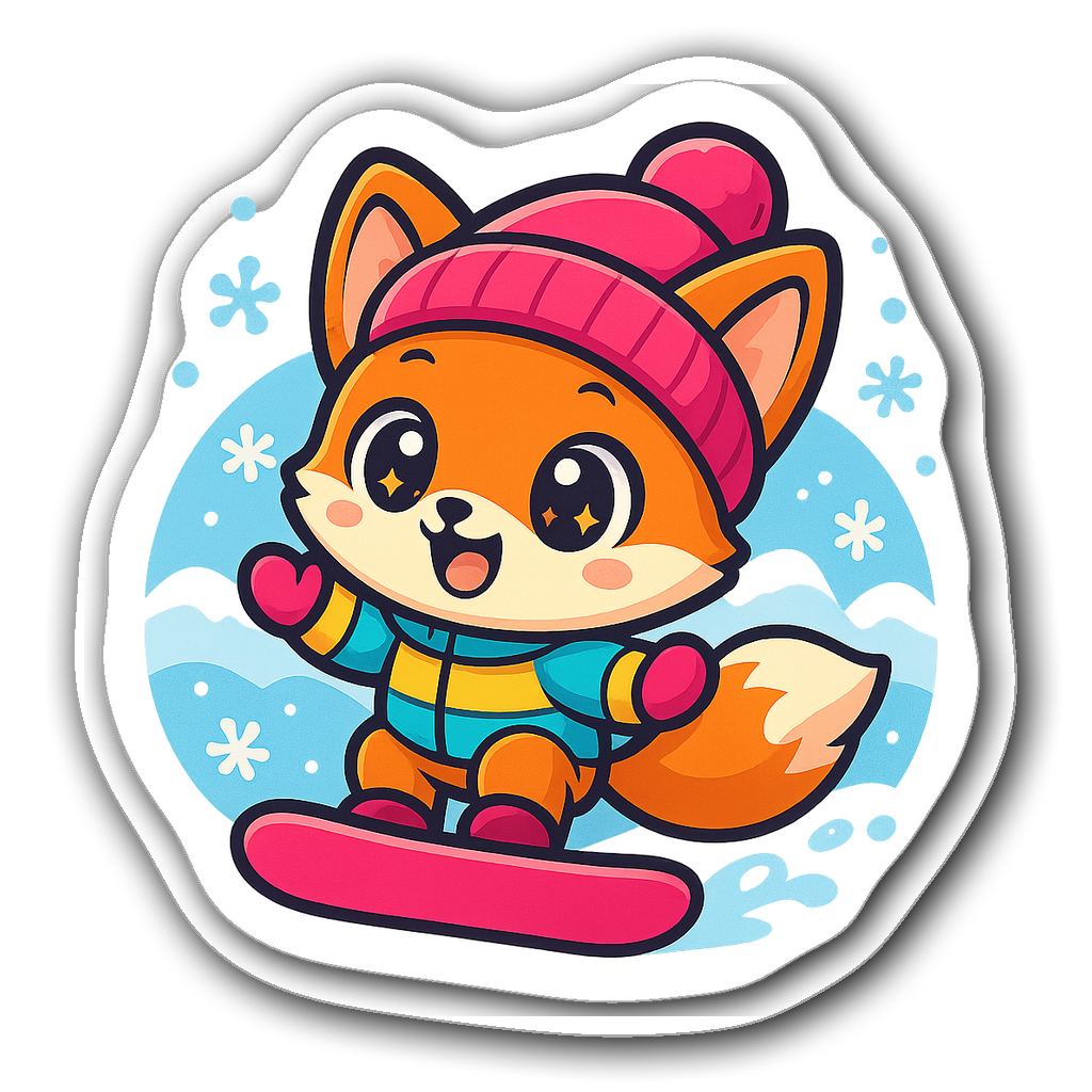 Kawaii chibi fox in vibrant snowboard outfit sliding on pink snowboard