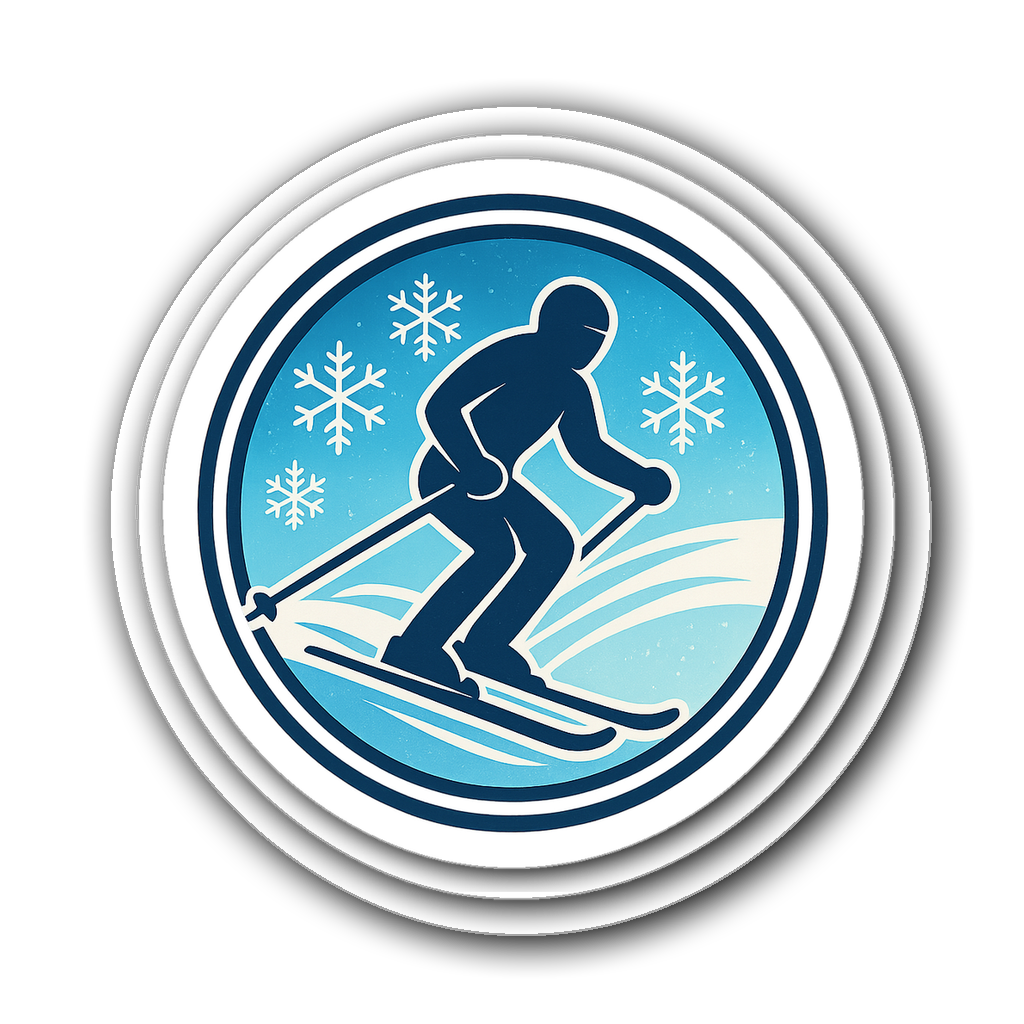 Retro-style ski silhouette sticker with snowflakes