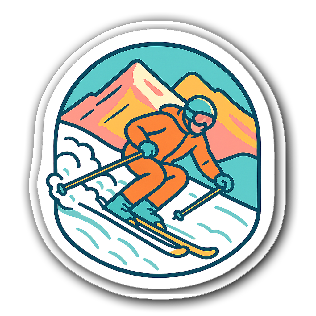 Lone skier carving through snow in pastel retro style
