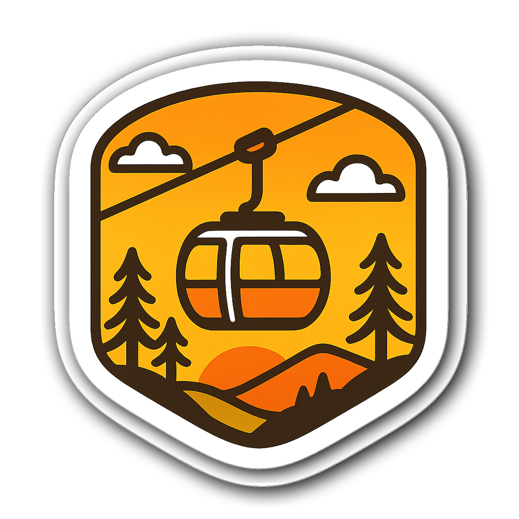 Retro ski lift badge sticker with sunset gradient background