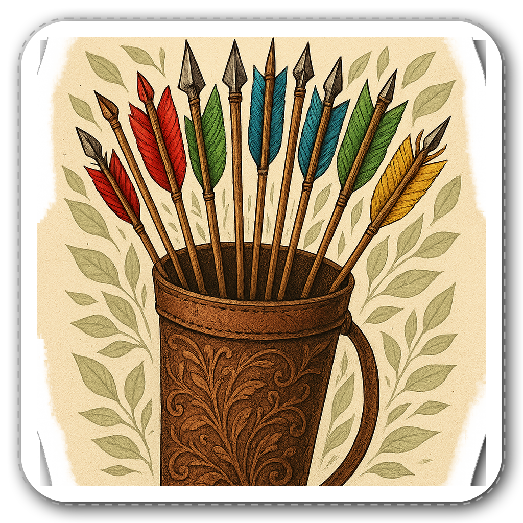 Colorful archery quiver filled with arrows and leaf patterns