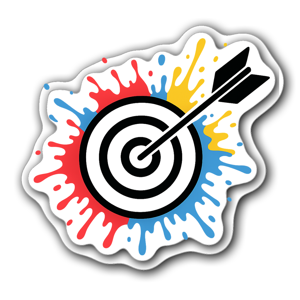 Archery arrow bursting through a colorful circular target sticker.