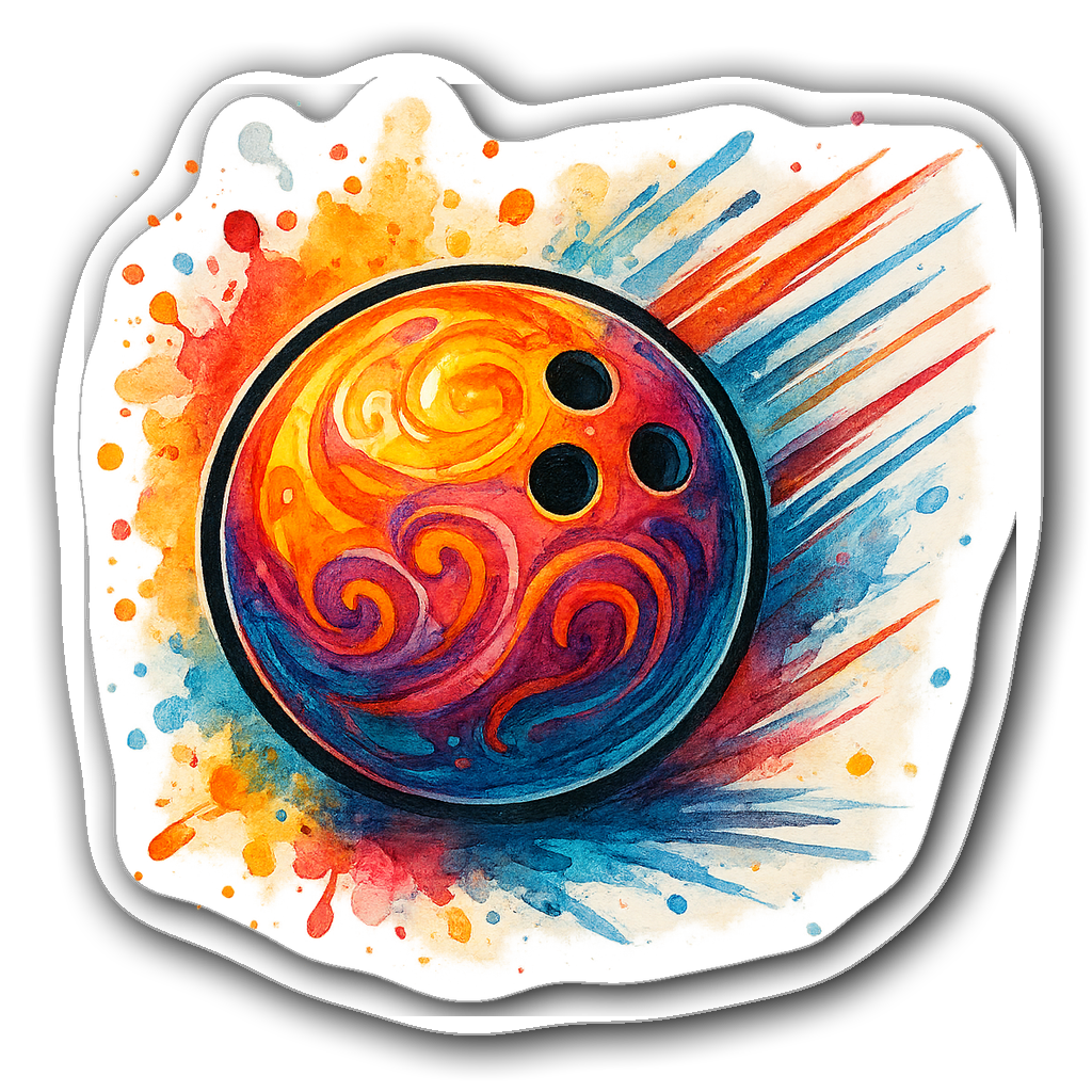 Vibrant watercolor bowling ball with dynamic colors and patterns