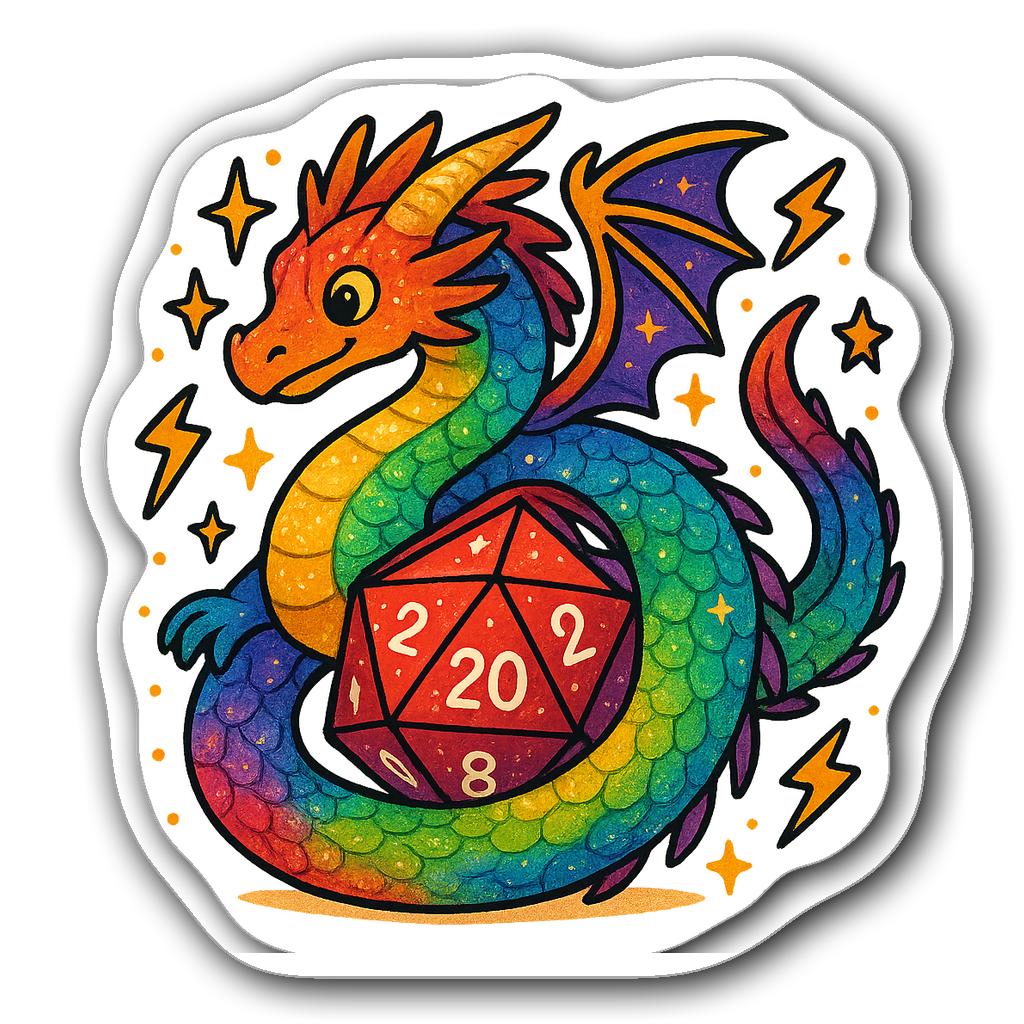 Whimsical dragon wrapped around a colorful D20 dice