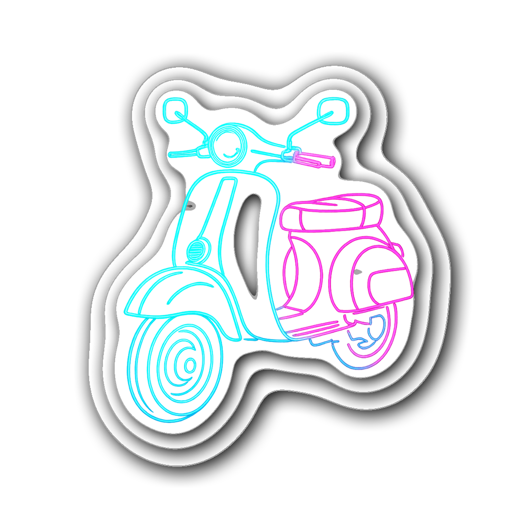 Neon glow outline of a classic Vespa scooter in turquoise and pink