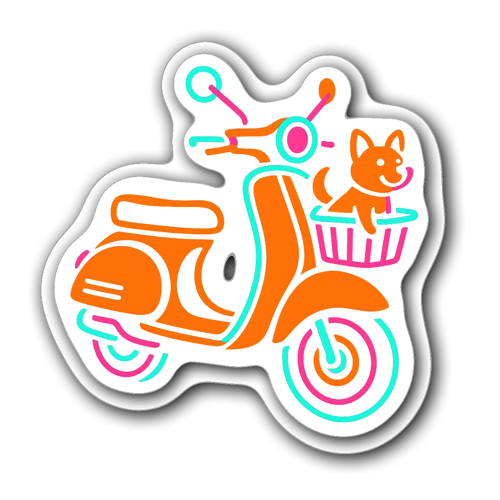 Neon Vespa sticker with a dog and sunglasses design