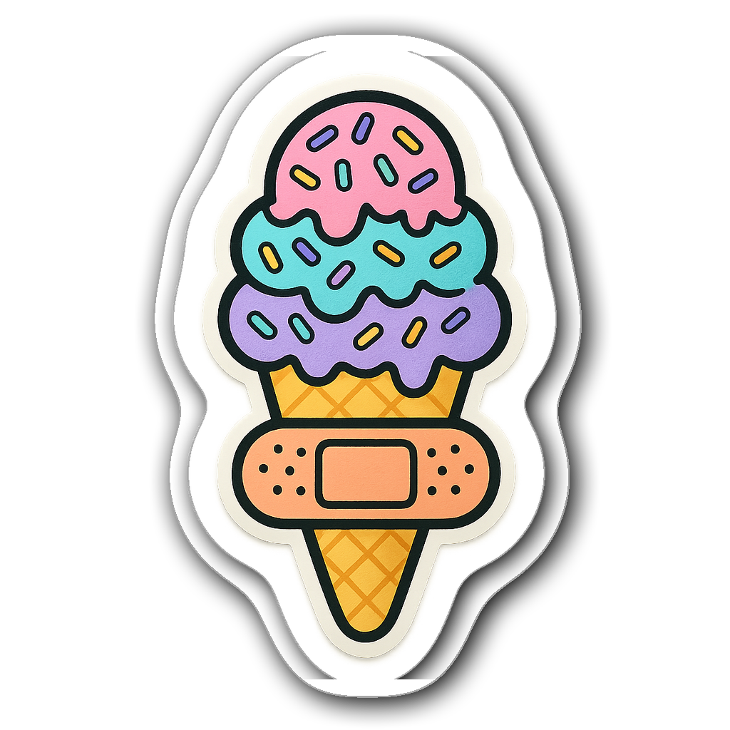 Whimsical ice cream cone bandaid sticker with sprinkles