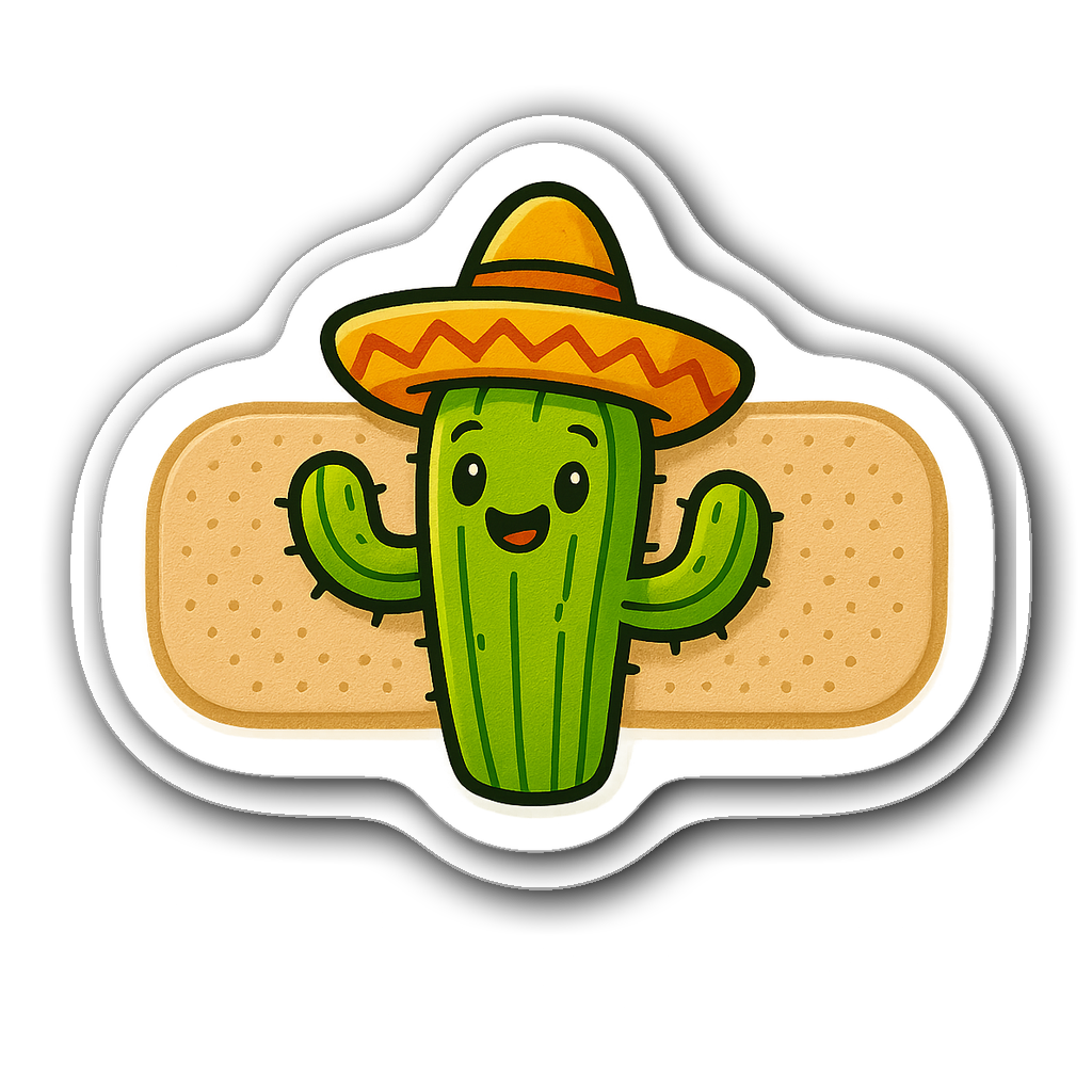 Cute cactus bandaid sticker with sombrero in vibrant colors