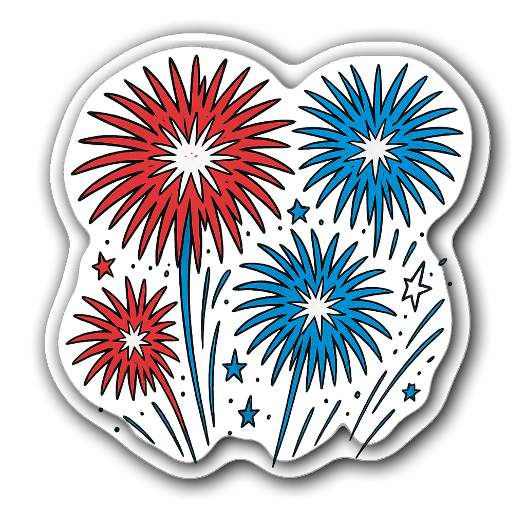 Comic book style fireworks sticker in red, white, and blue