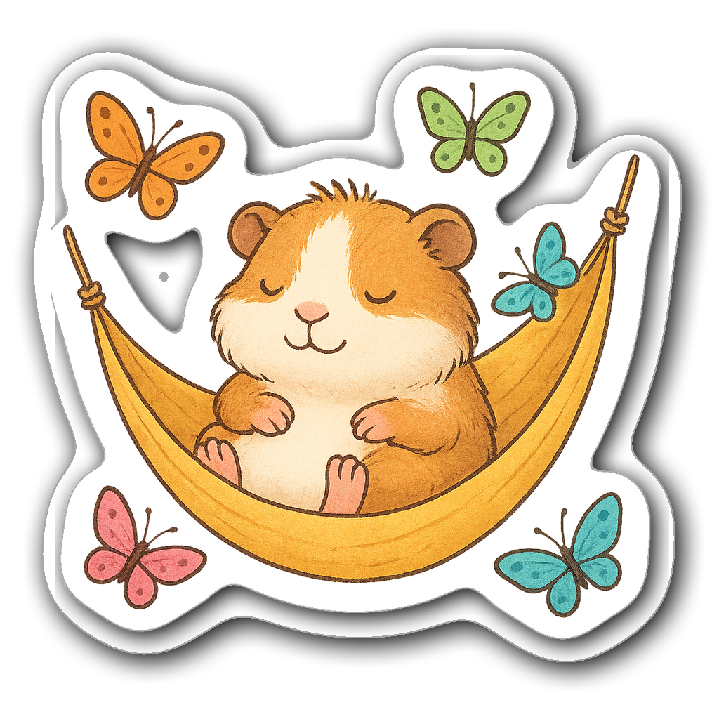 Guinea pig sitting in a cozy hammock surrounded by butterflies