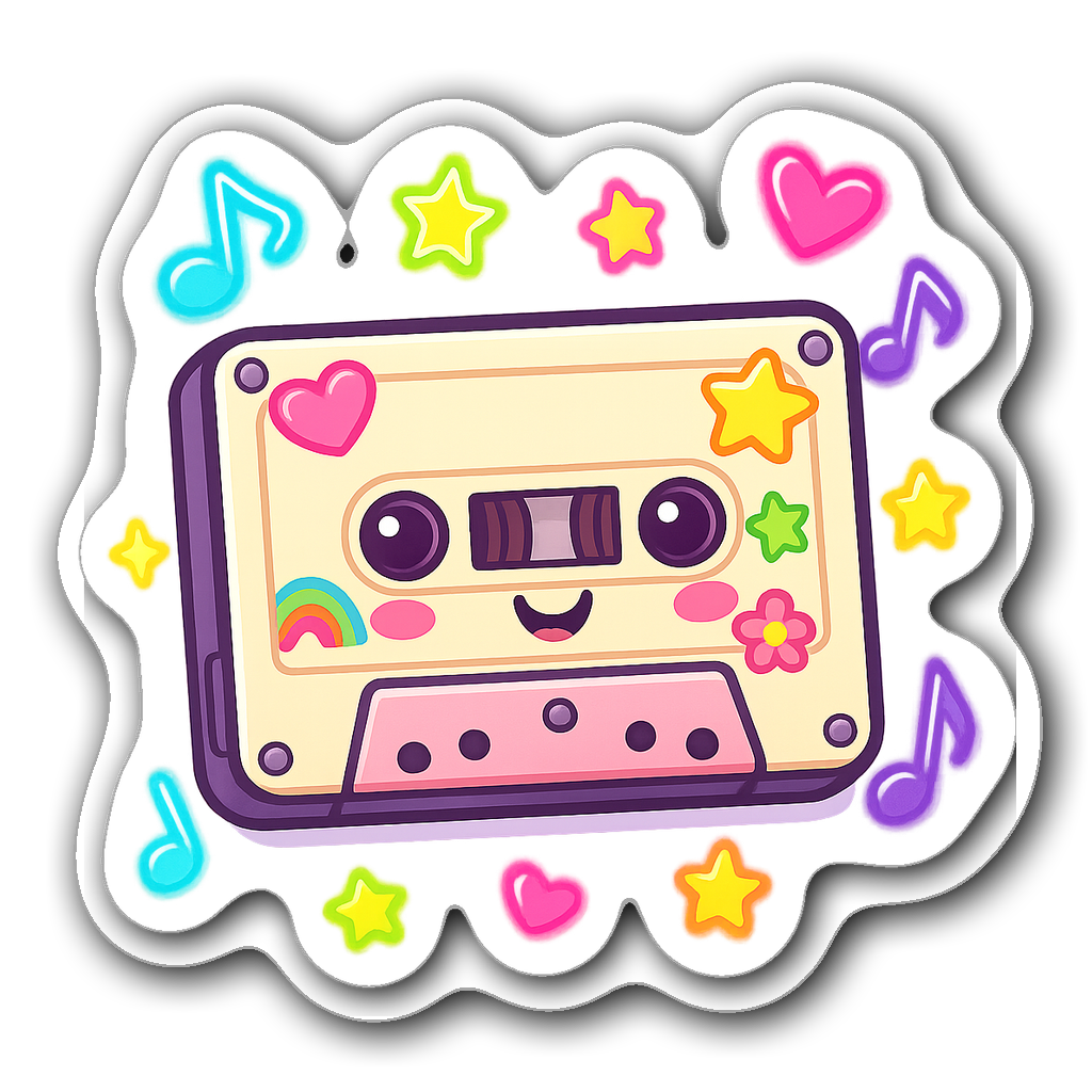 Kawaii chibi-style cassette tape with smiling face and musical notes