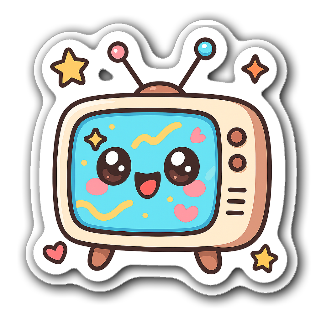 Kawaii chibi television sticker with big eyes and colorful antennas