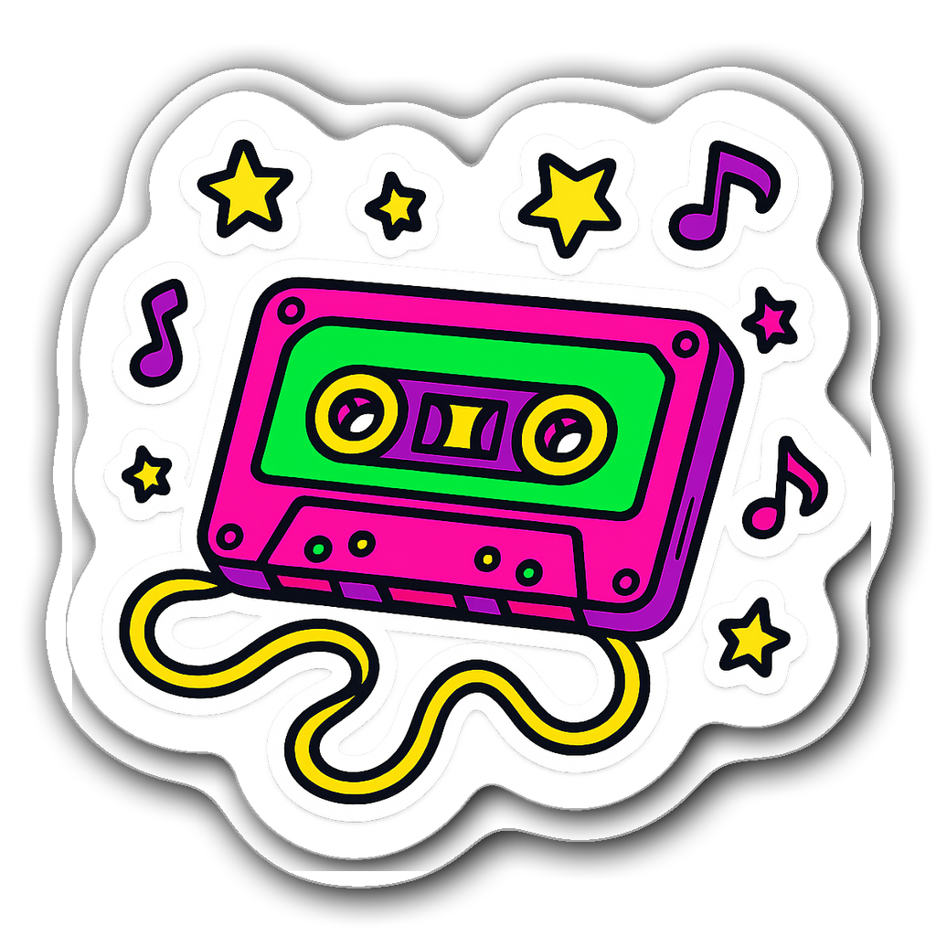 Colorful retro cassette tape surrounded by stars and music notes