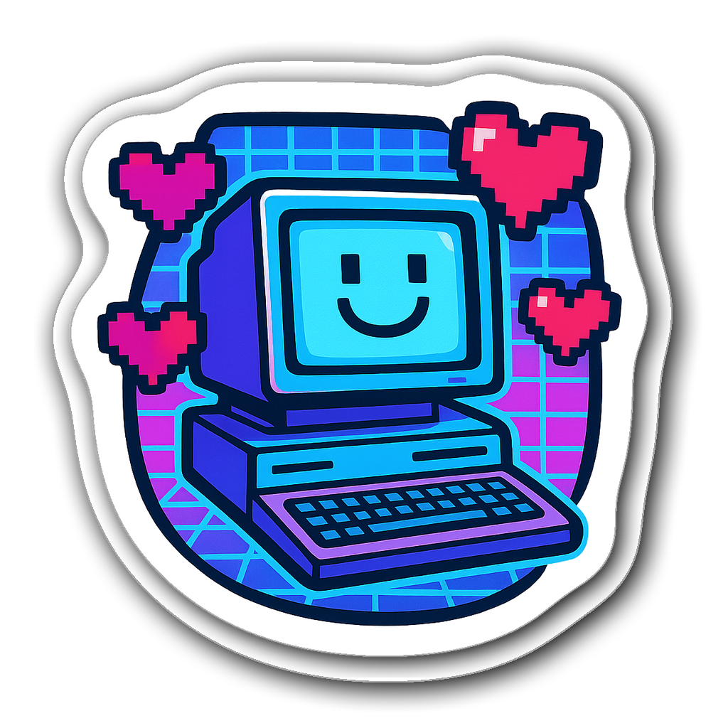 Retro personal computer sticker with smiling screen and hearts