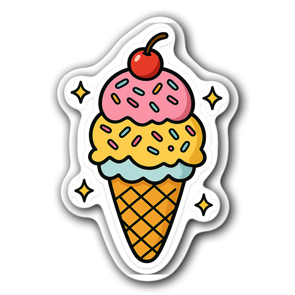 Whimsical oversized ice cream cone with three scoops and sprinkles