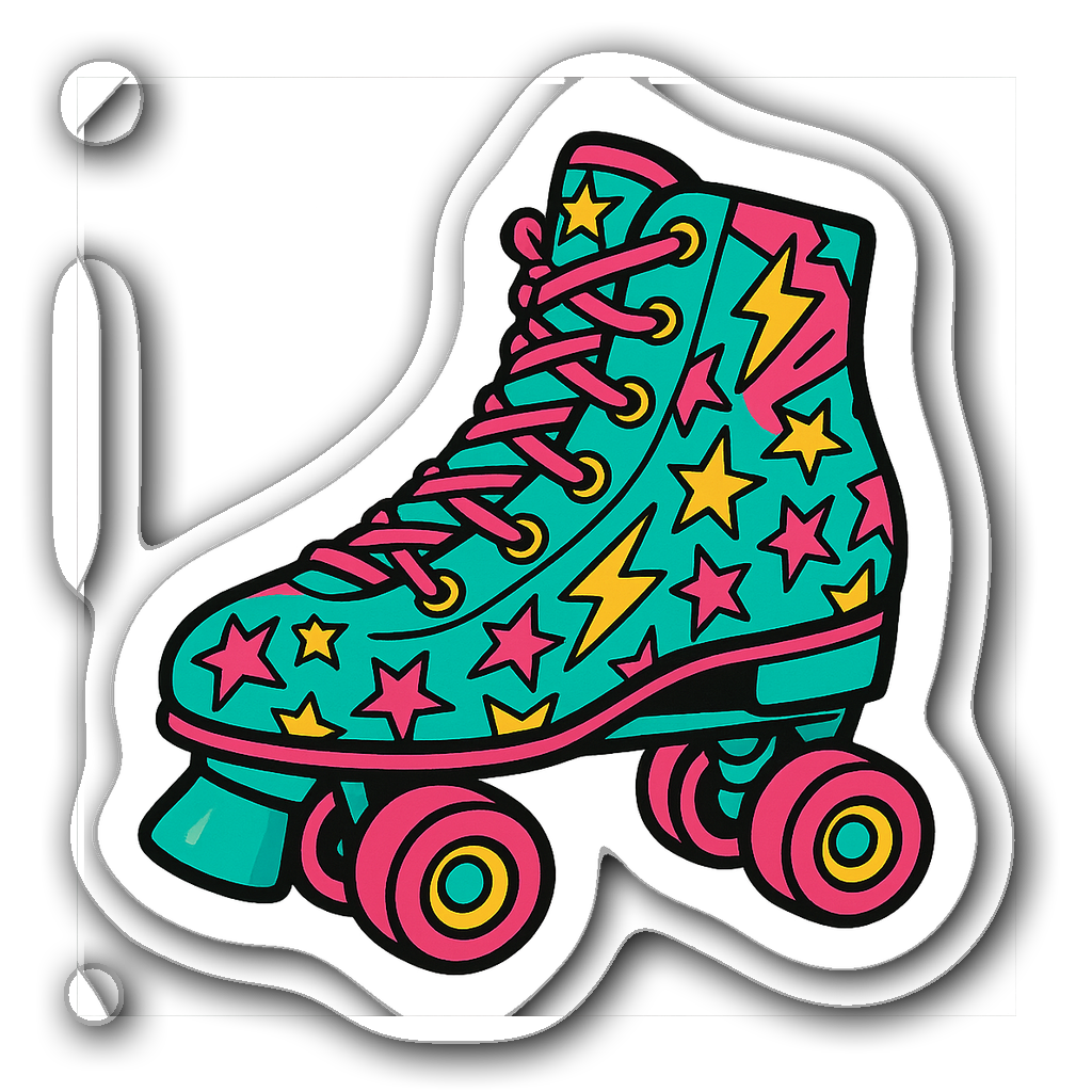 Funky 90s roller skate sticker in teal, pink, and yellow