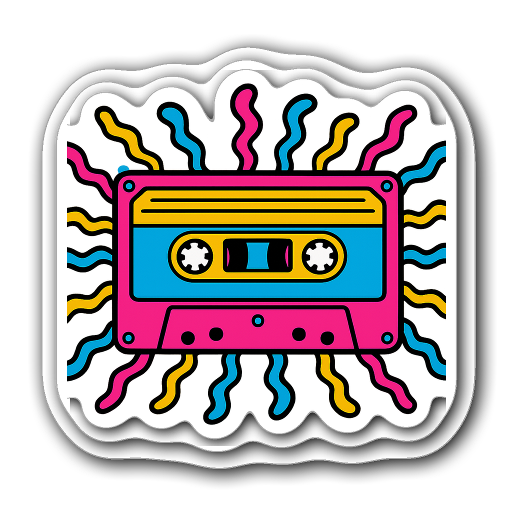 Y2K aesthetic vibrant cassette tape sticker with sound waves