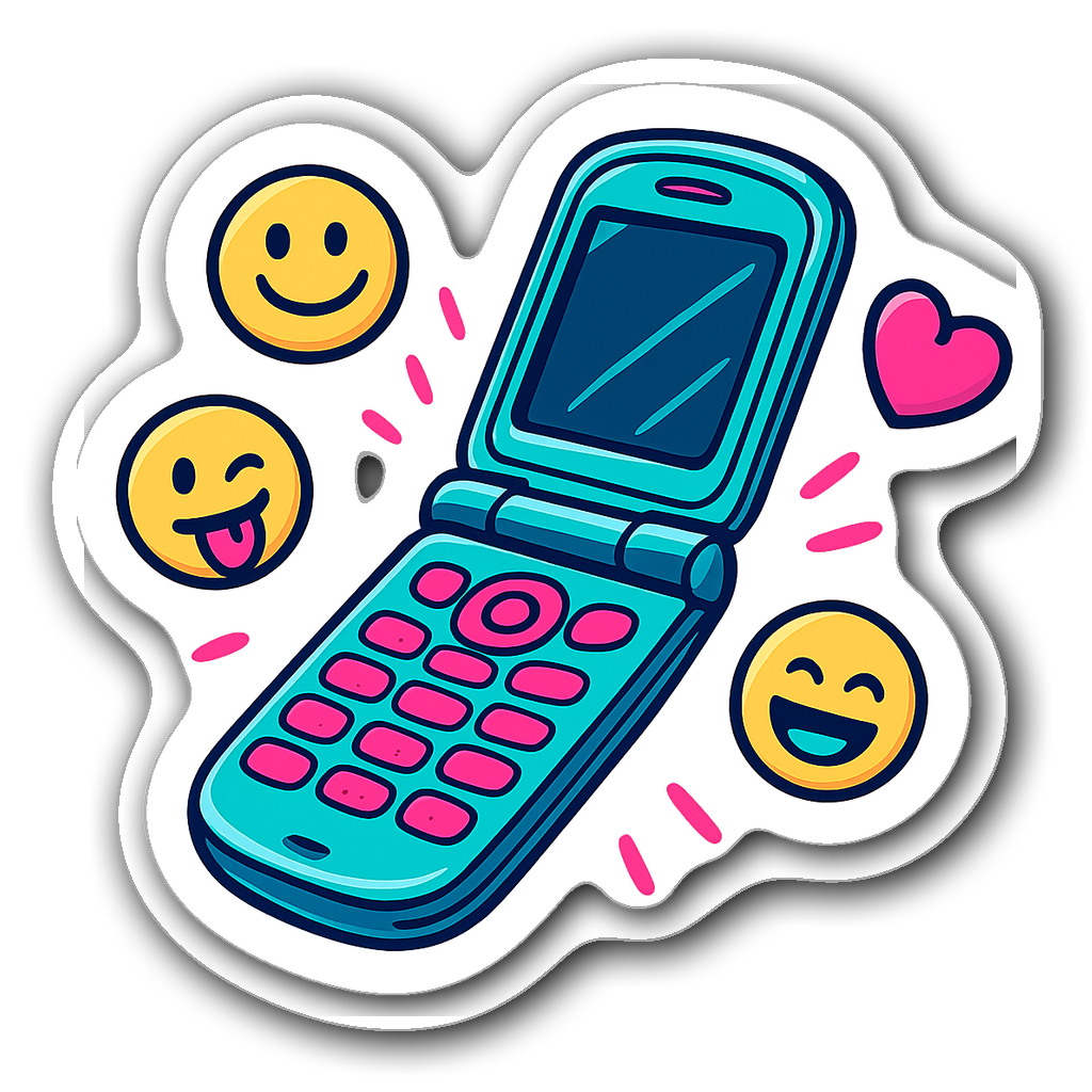 Colorful old-school flip phone sticker with emojis
