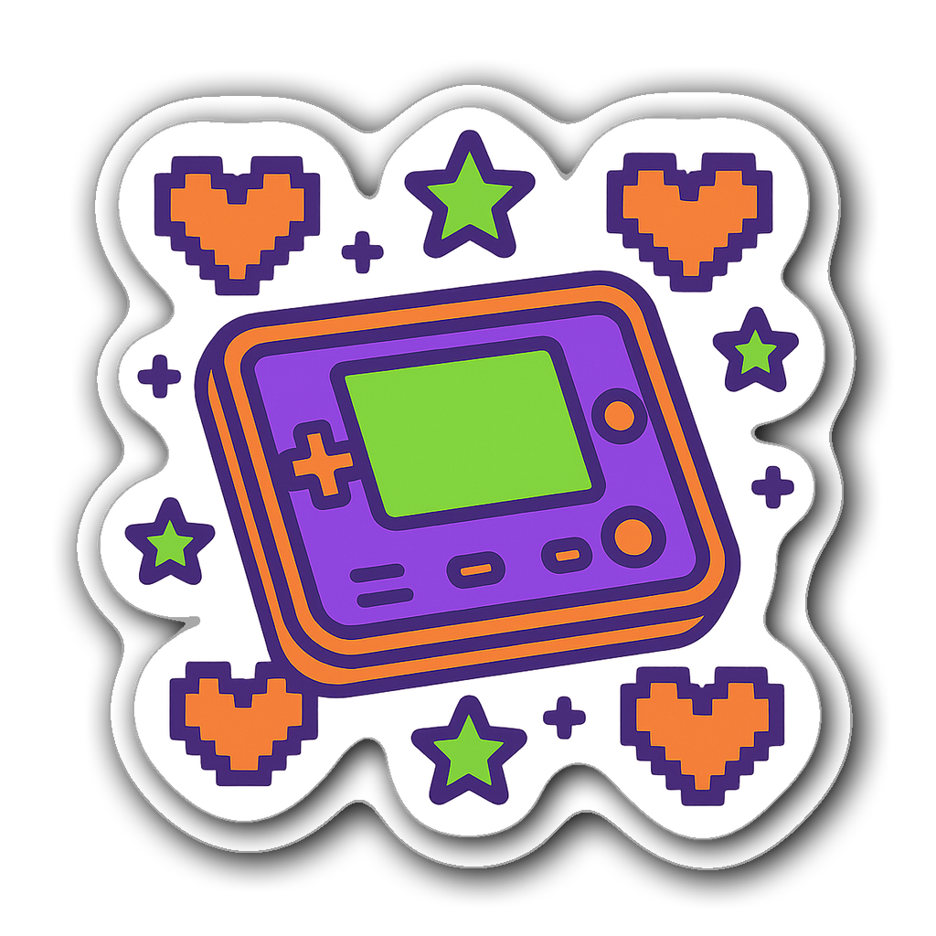 Retro gaming console sticker with pixelated hearts and stars