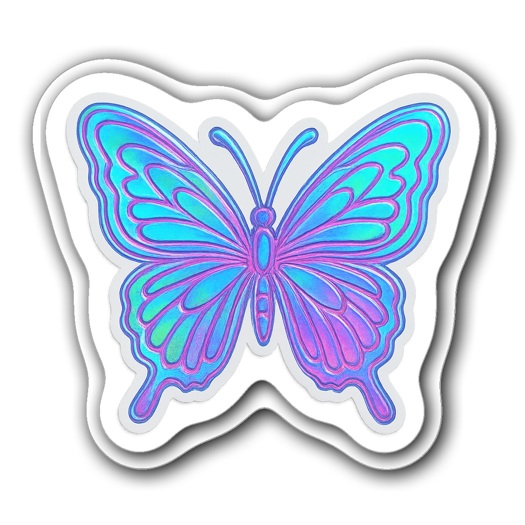 Holographic butterfly design with iridescent colors blending from blue to pink