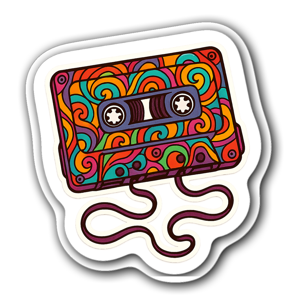 Classic cassette tape sticker with swirling patterns in vibrant colors.