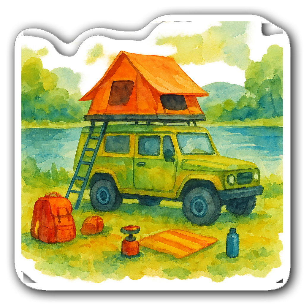 Camping truck with rooftop tent by a serene lake in watercolor